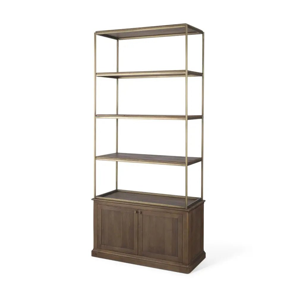 42" Antiqued Brass And Brown Distressed Metal and Solid Wood Four Tier Bookcase with Two Doors - NOBLE HOME INTERIORS