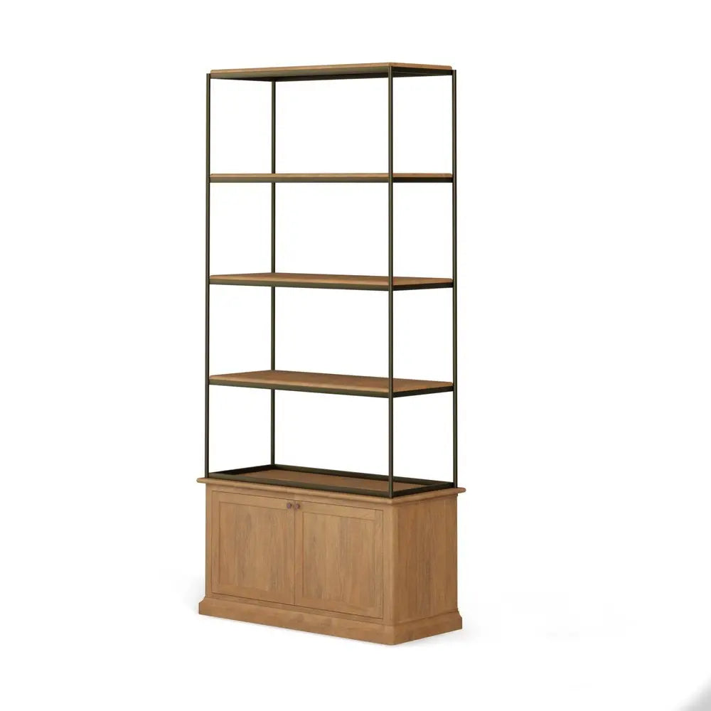 42" Antiqued Brass And Light Brown Distressed Metal and Solid Wood Four Tier Bookcase with Two Doors - NOBLE HOME INTERIORS
