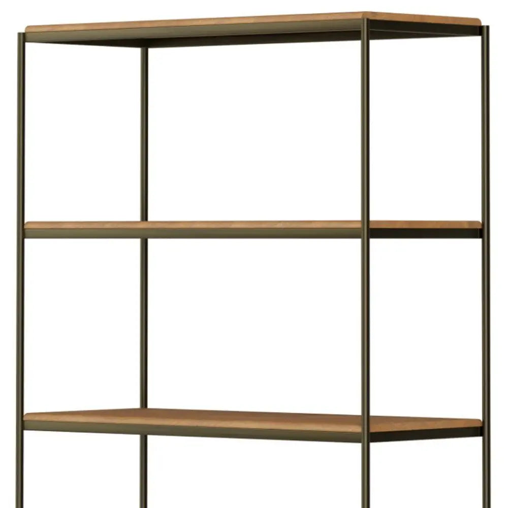 42" Antiqued Brass And Light Brown Distressed Metal and Solid Wood Four Tier Bookcase with Two Doors - NOBLE HOME INTERIORS