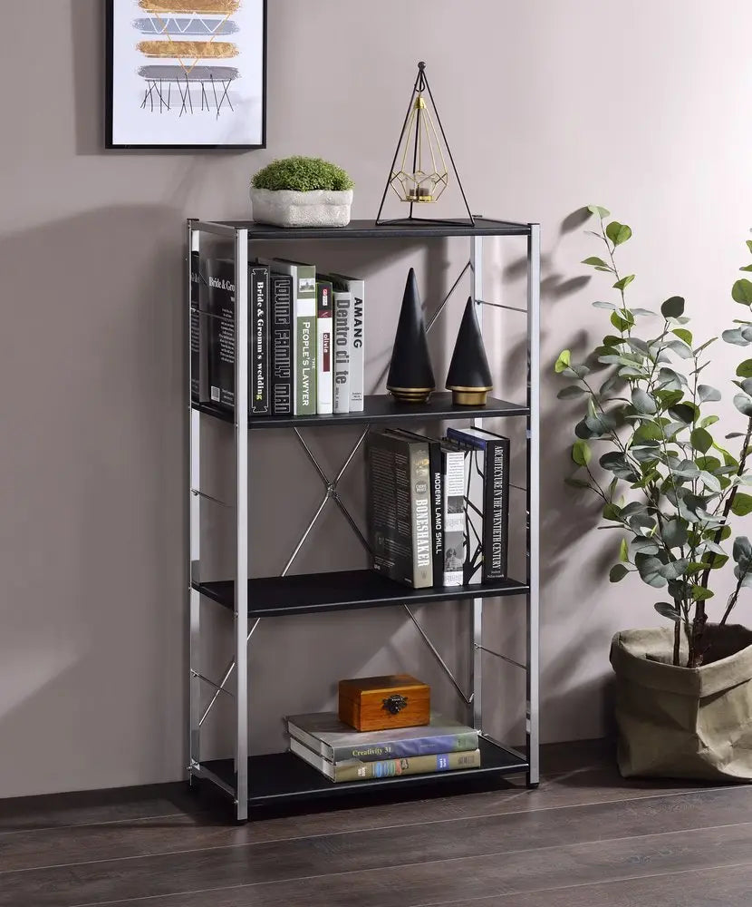 42" Black And Silver Metal and Wood Four Tier Etagere Bookcase - NOBLE HOME INTERIORS