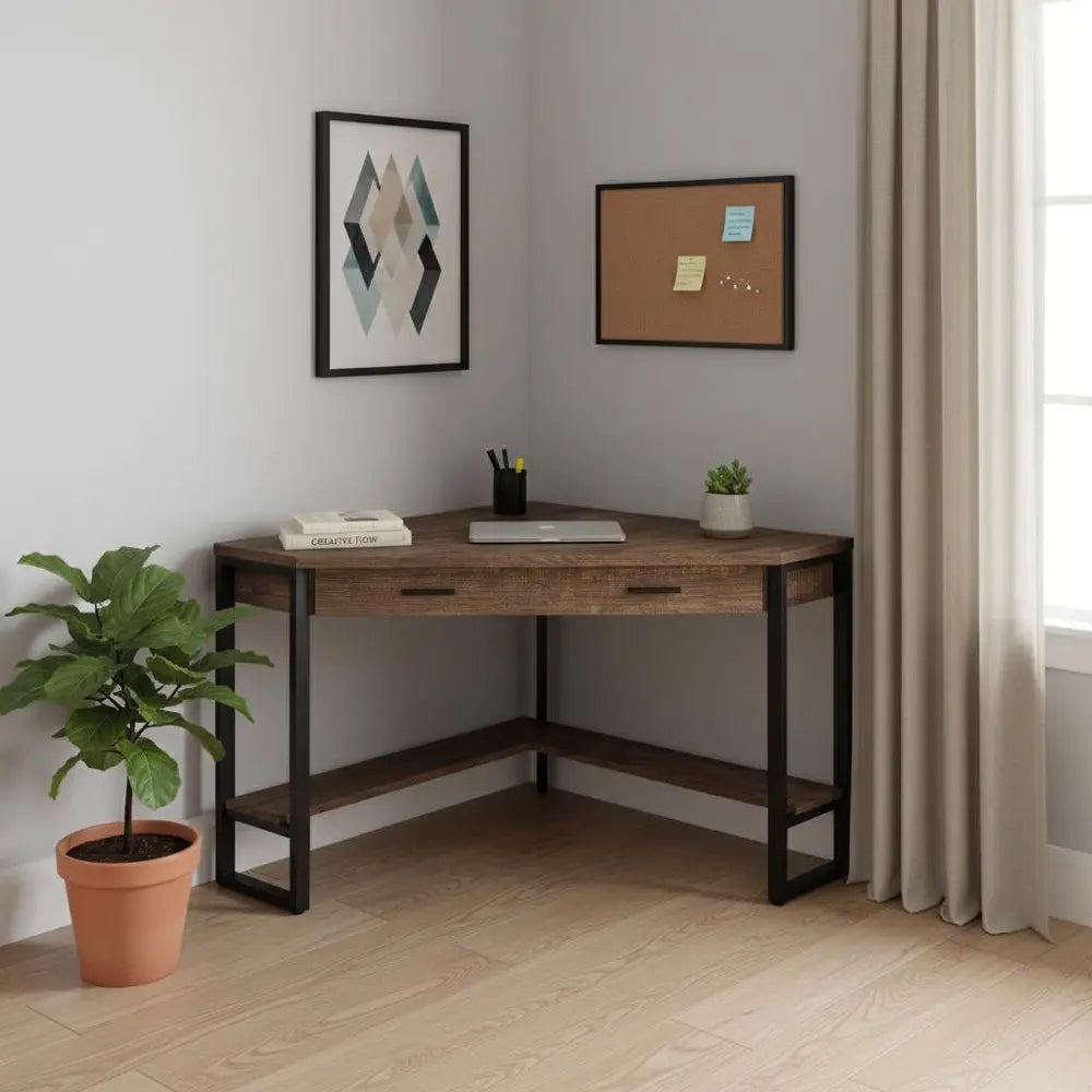42" Brown and Black Corner Computer Desk - NOBLE HOME INTERIORS