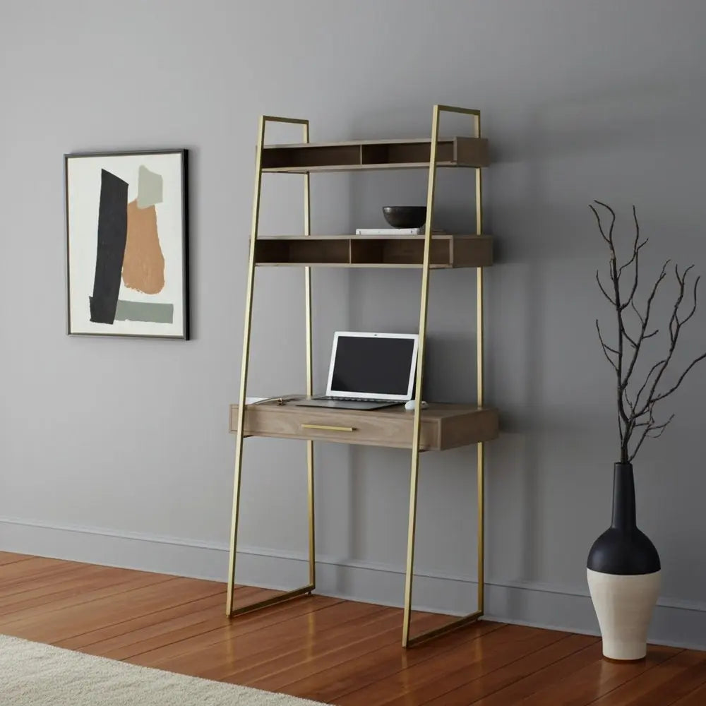 42" Brown and Gold Solid Wood and Metal Sled Ladder Desk - NOBLE HOME INTERIORS