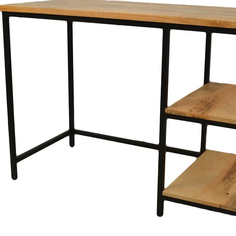 42" Natural and Black Solid Wood and Metal Computer Desk - NOBLE HOME INTERIORS