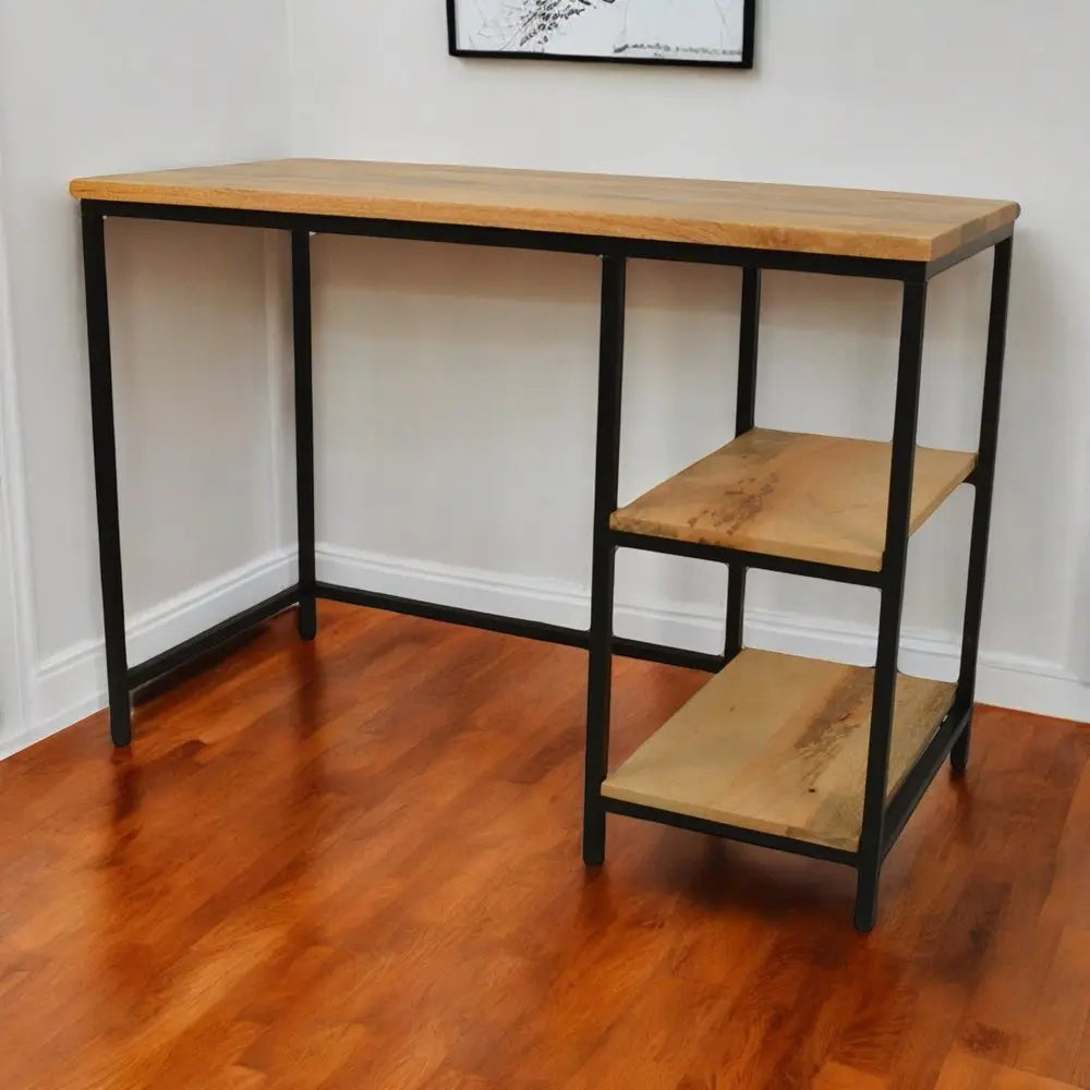 42" Natural and Black Solid Wood and Metal Computer Desk - NOBLE HOME INTERIORS