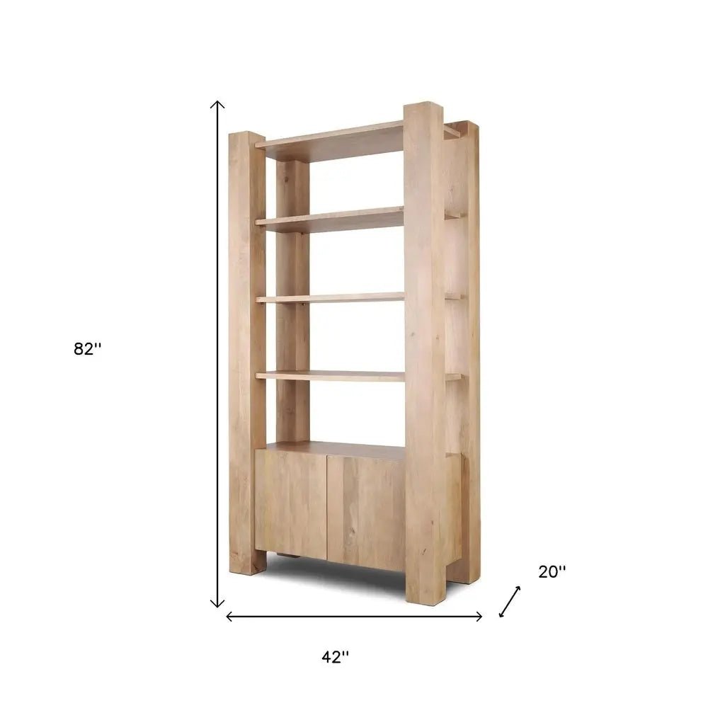 42" Natural Solid Wood Four Tier Bookcase with Two Doors - NOBLE HOME INTERIORS