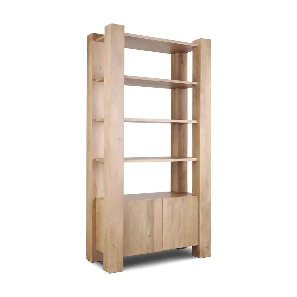 42" Natural Solid Wood Four Tier Bookcase with Two Doors - NOBLE HOME INTERIORS