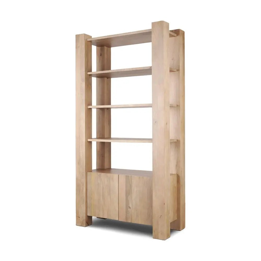 42" Natural Solid Wood Four Tier Bookcase with Two Doors - NOBLE HOME INTERIORS