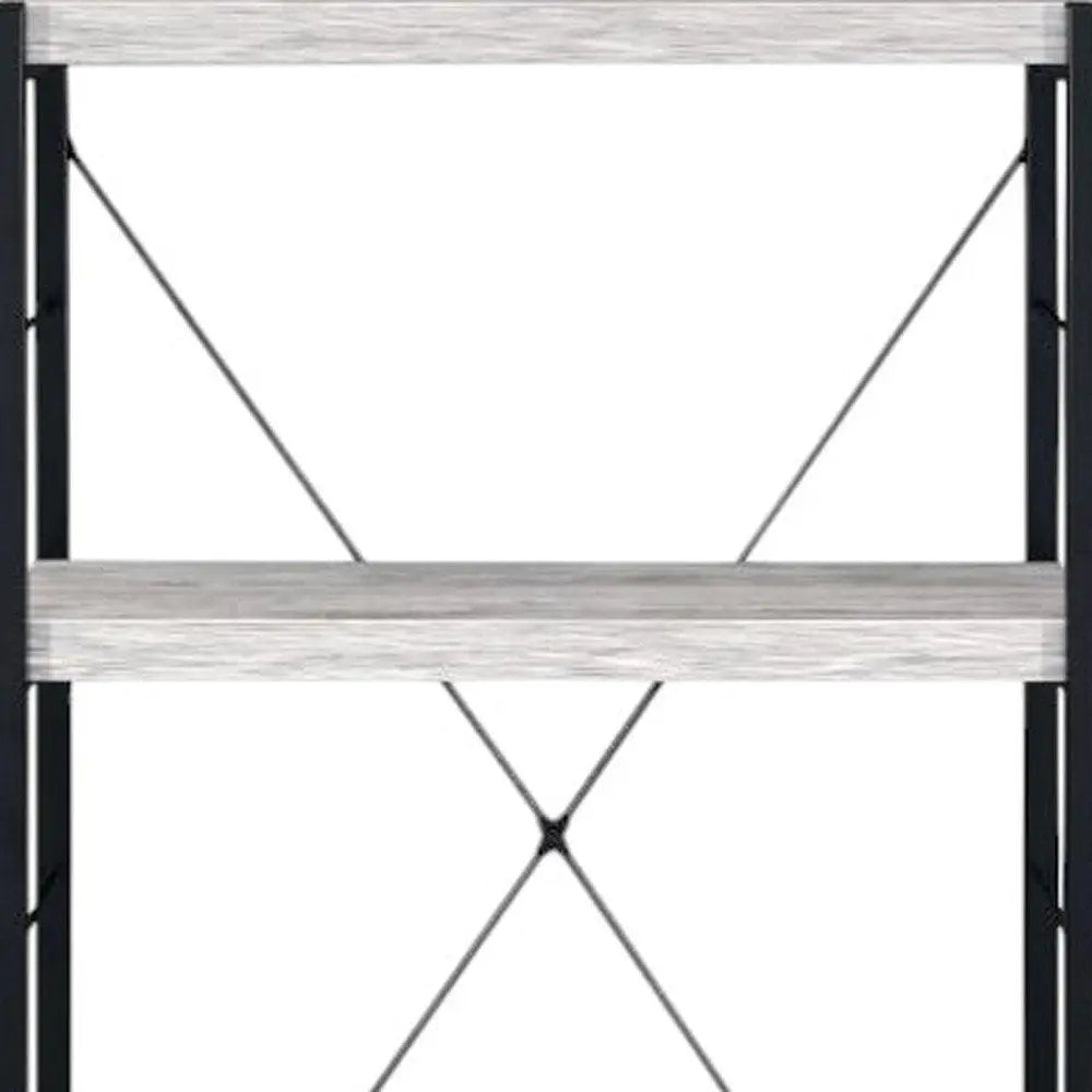 43" Antiqued White And Black Metal and Wood Four Tier Etagere Bookcase - NOBLE HOME INTERIORS