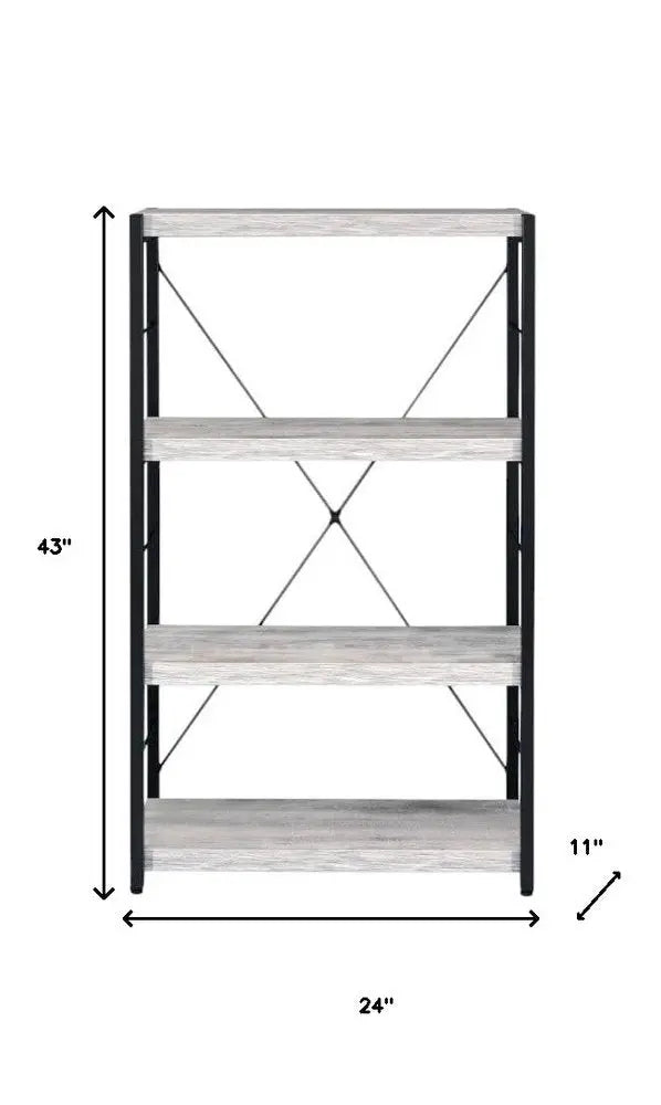 43" Antiqued White And Black Metal and Wood Four Tier Etagere Bookcase - NOBLE HOME INTERIORS