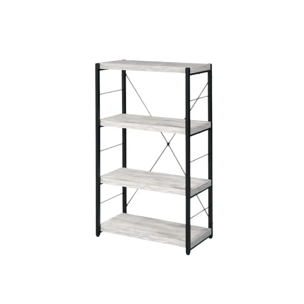 43" Antiqued White And Black Metal and Wood Four Tier Etagere Bookcase - NOBLE HOME INTERIORS