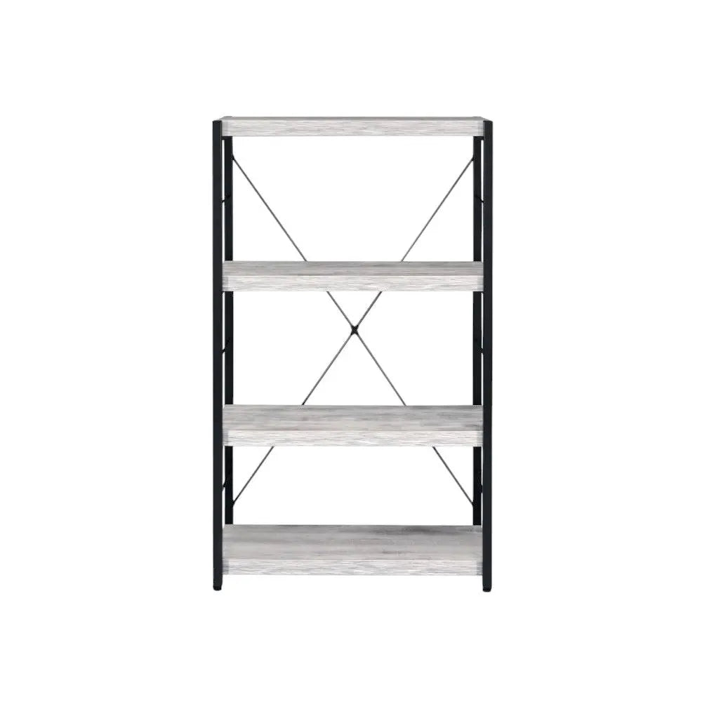43" Antiqued White And Black Metal and Wood Four Tier Etagere Bookcase - NOBLE HOME INTERIORS