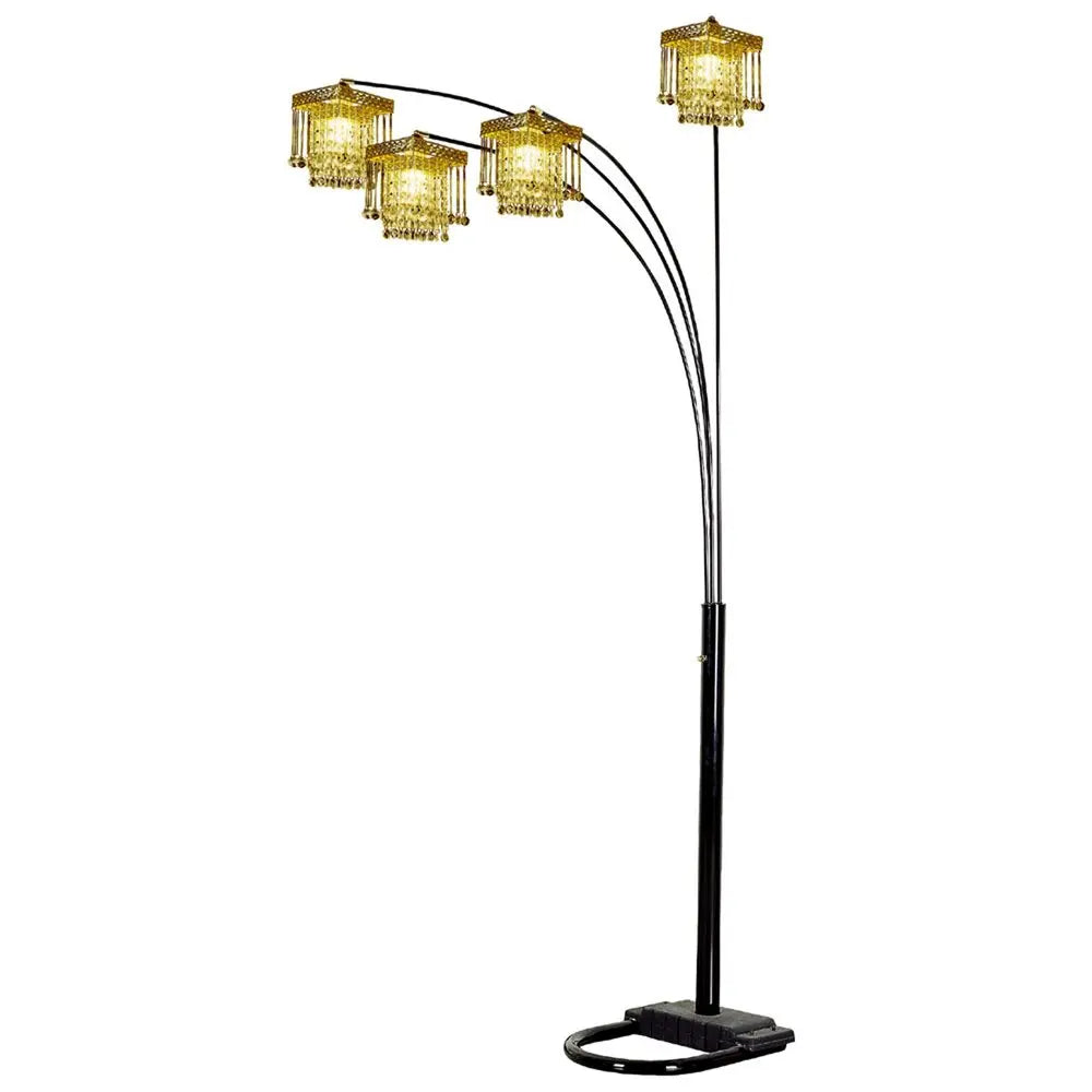 84" Black Four Light Arc Floor Lamp With Clear Crystal Glass Chandelier Shade HomeRoots
