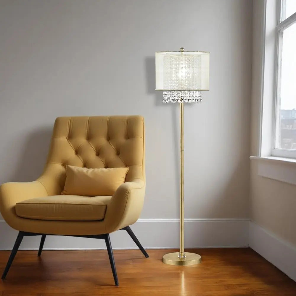 65" Gold And White Novelty Floor Lamp With White Fabric Drum Shade HomeRoots