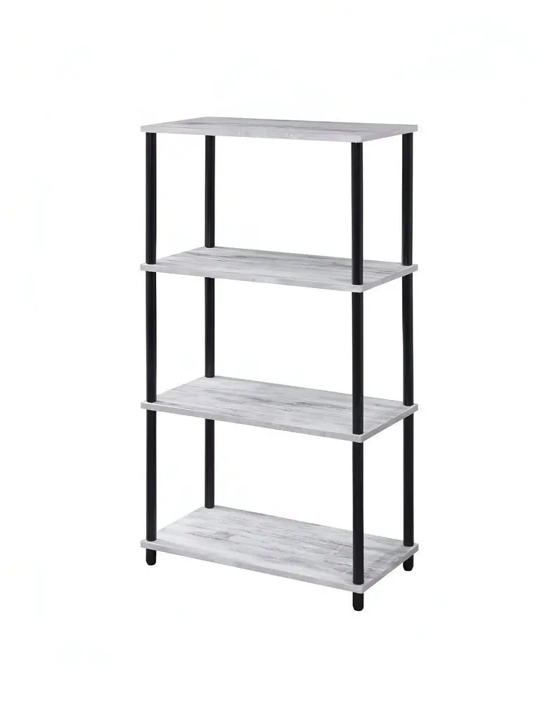 44" Antiqued White And Black Distressed Metal and Wood Four Tier Etagere Bookcase - NOBLE HOME INTERIORS
