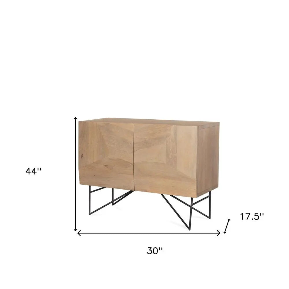 44" Natural and Black Solid Wood and Metal Carved Geometric Accent Cabinet With Two Doors - NOVA HOME FURNITURE
