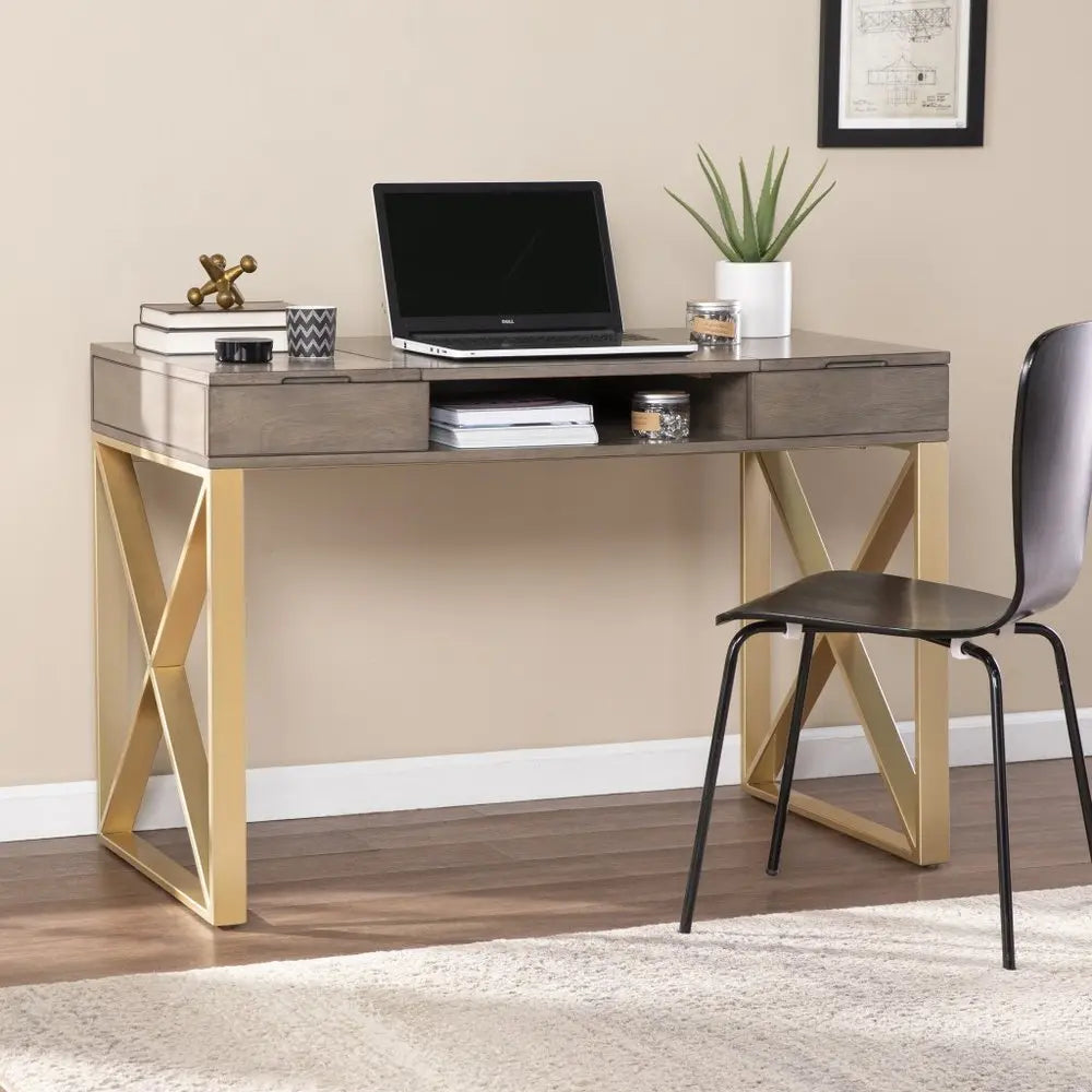 45" Gray and Gold Writing Desk With Two Drawers - NOBLE HOME INTERIORS