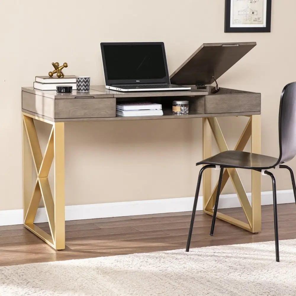 45" Gray and Gold Writing Desk With Two Drawers - NOBLE HOME INTERIORS
