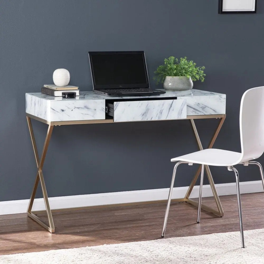 45" White and Bronze Glass Writing Desk With Two Drawers - NOBLE HOME INTERIORS