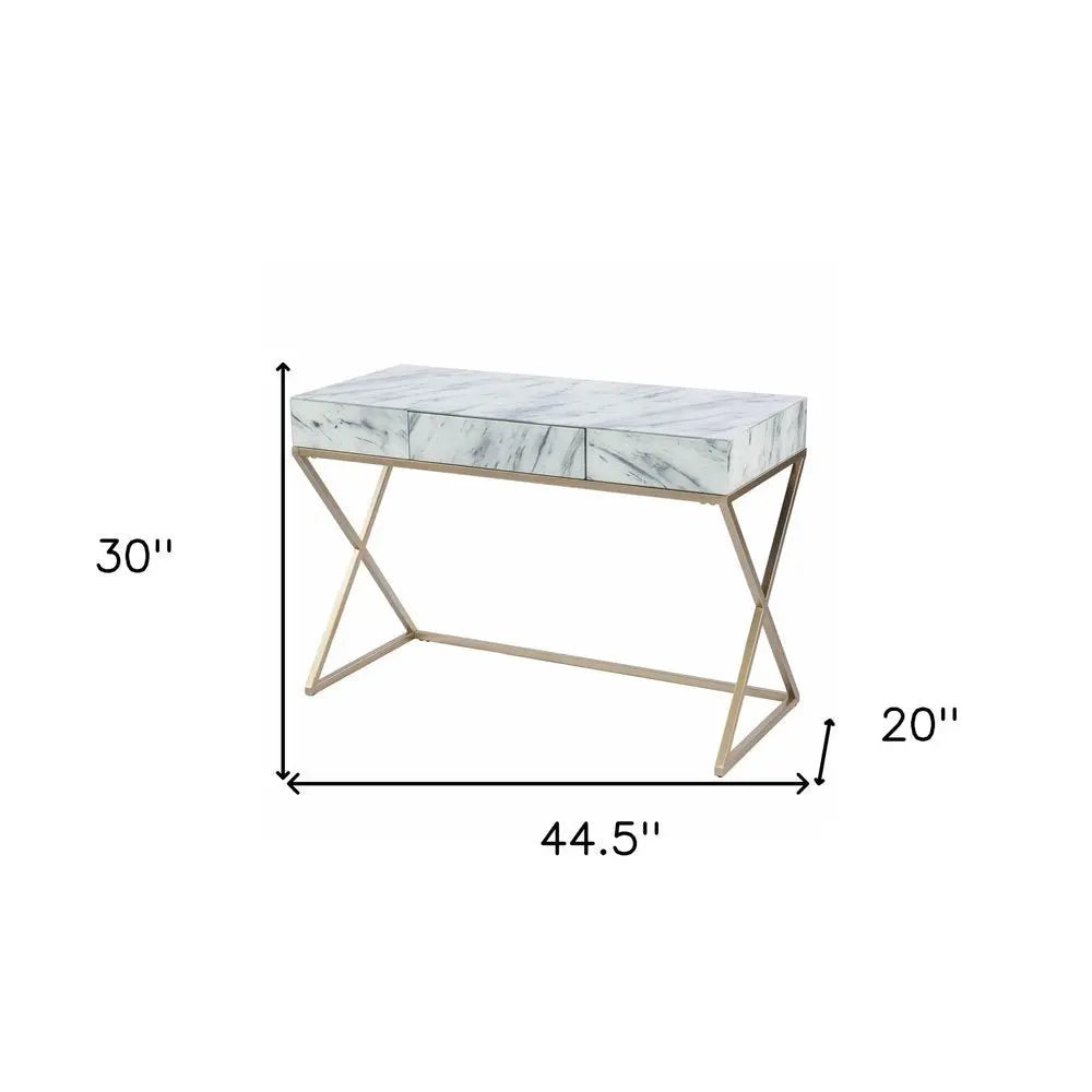 45" White and Bronze Glass Writing Desk With Two Drawers - NOBLE HOME INTERIORS