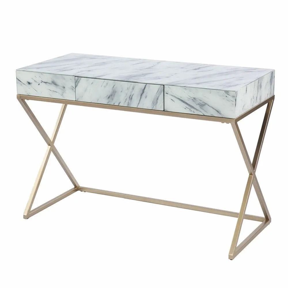 45" White and Bronze Glass Writing Desk With Two Drawers - NOBLE HOME INTERIORS
