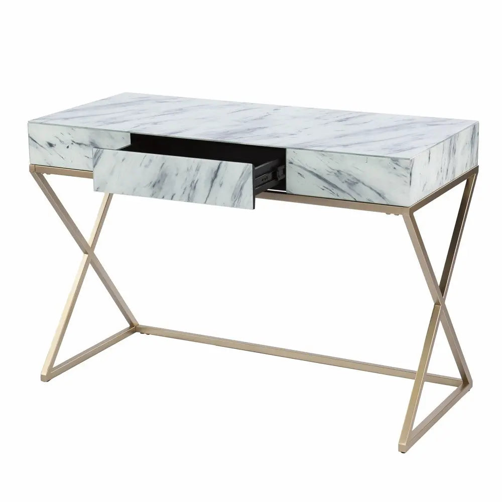 45" White and Bronze Glass Writing Desk With Two Drawers - NOBLE HOME INTERIORS