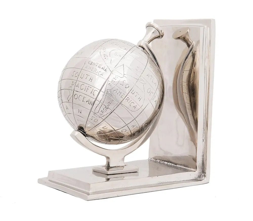4.5" X 6.75" X 7.75" Alum Globe Bookend Set Of Two - NOBLE HOME INTERIORS