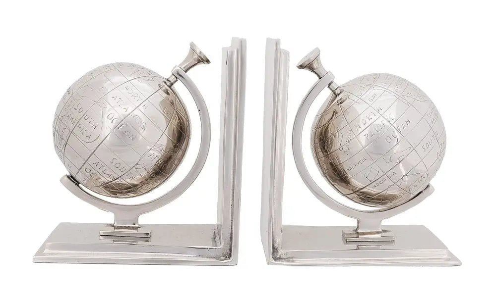 4.5" X 6.75" X 7.75" Alum Globe Bookend Set Of Two - NOBLE HOME INTERIORS