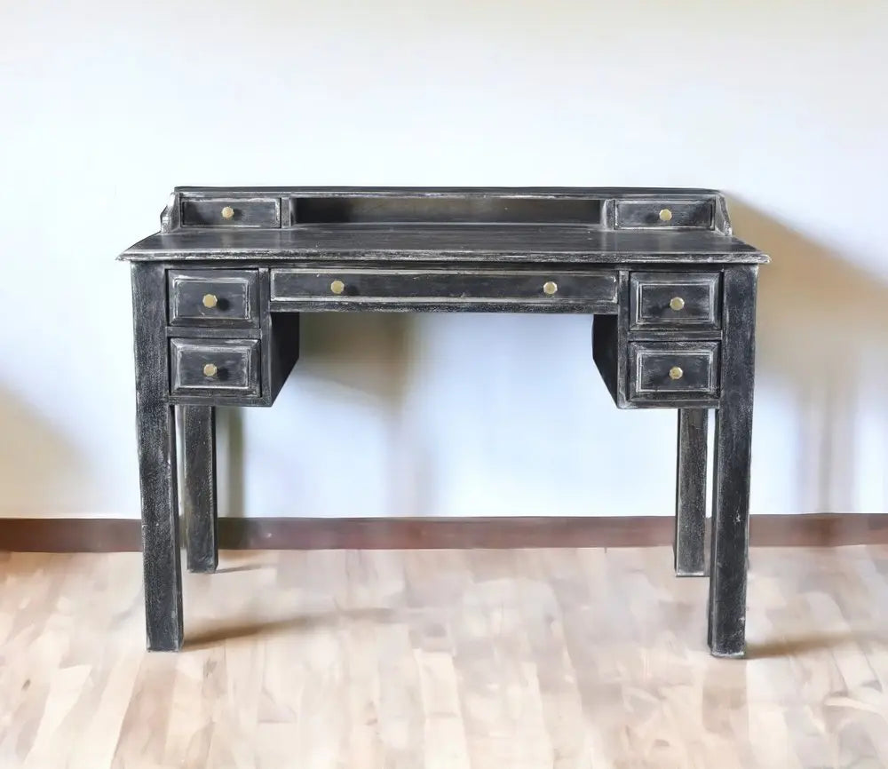 46" Black Solid Wood Writing Desk With Seven Drawers - NOBLE HOME INTERIORS