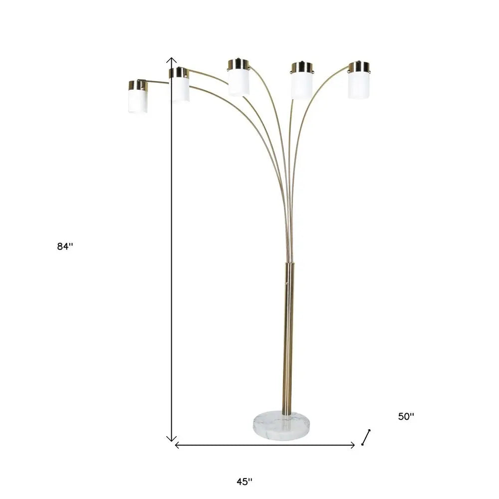 84" Gold And White Five Light Arched Floor Lamp With White Acrylic Drum Shade HomeRoots