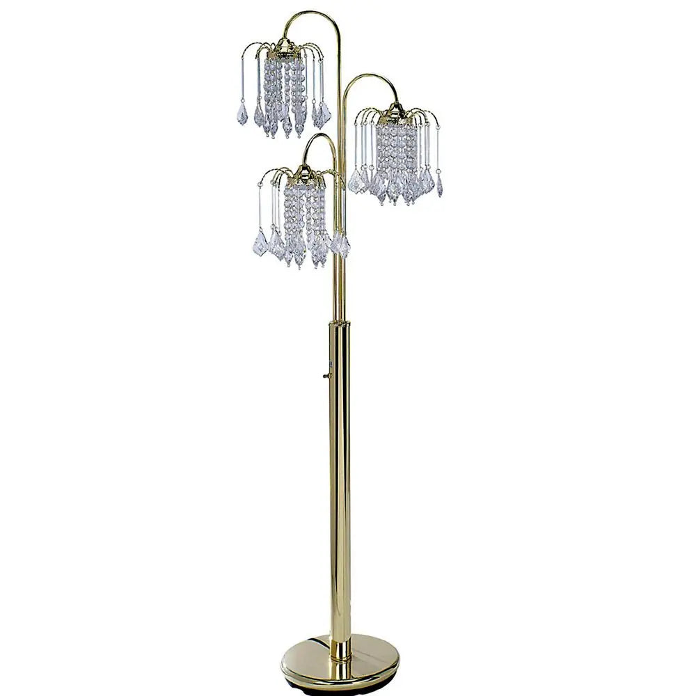 63" Gold Three Lights Candelabra Floor Lamp With Clear Faux Crystal Shades HomeRoots