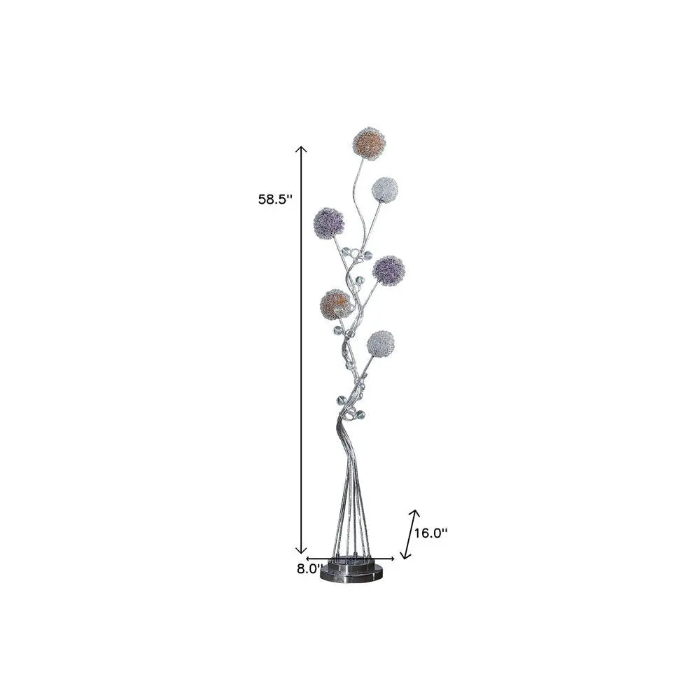 59" Silver Six Light LED Novelty Floor Lamp With Purple And White Metal Novelty Shade HomeRoots