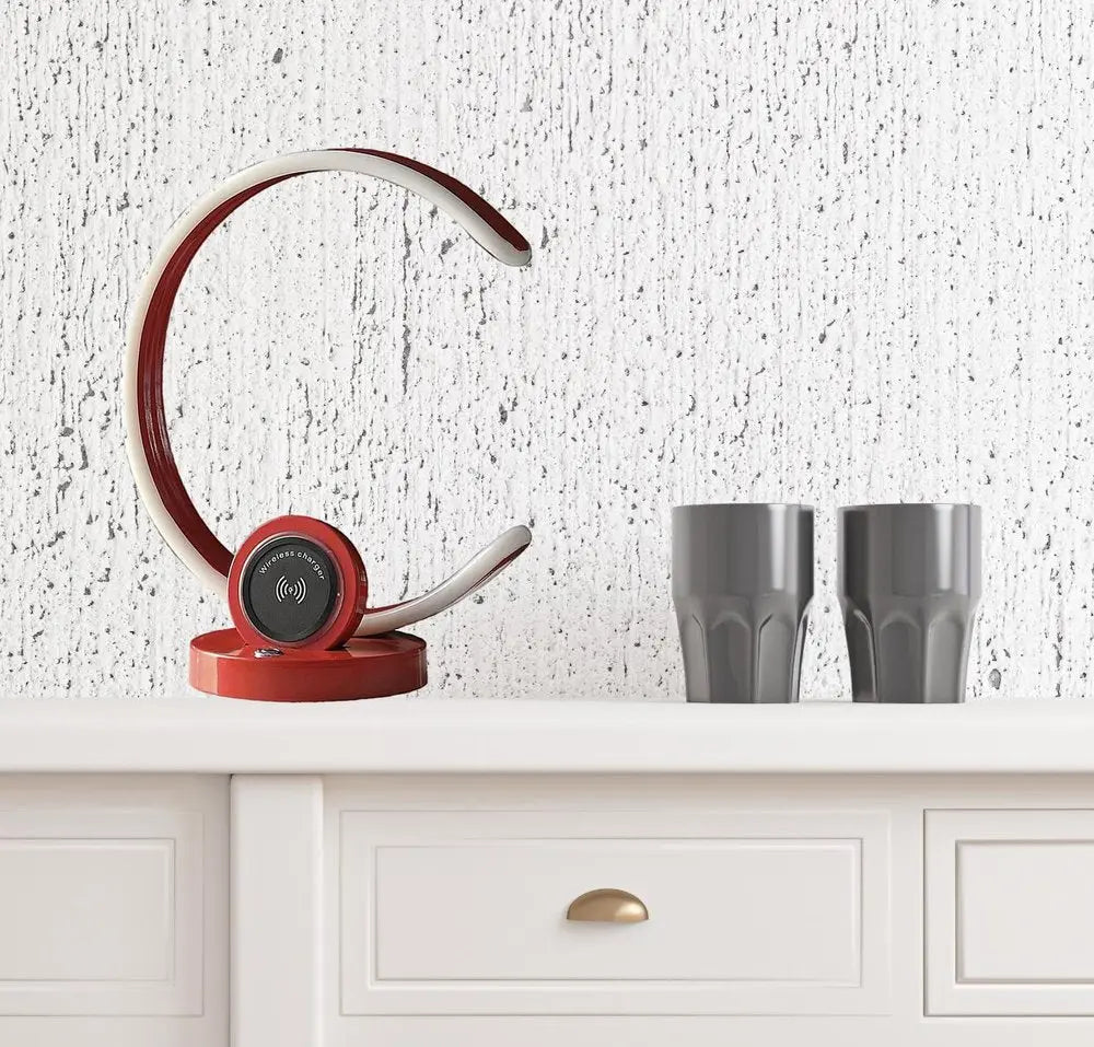 13" Red Contempo C Shape LED  with USB Desk or Table Lamp HomeRoots