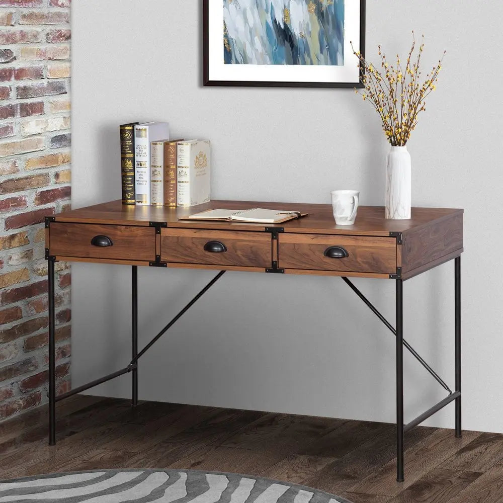 47" Brown Wood Wall Mounted H - Shape Writing Desk With Three Drawers - NOBLE HOME INTERIORS