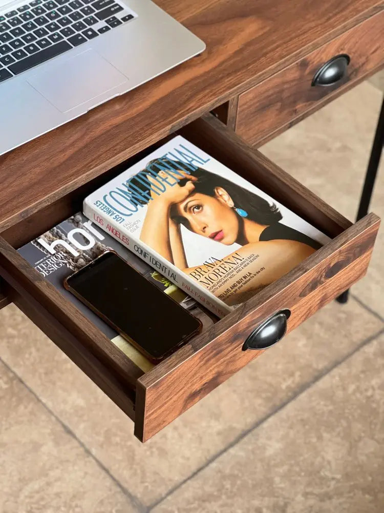 47" Brown Wood Wall Mounted H - Shape Writing Desk With Three Drawers - NOBLE HOME INTERIORS