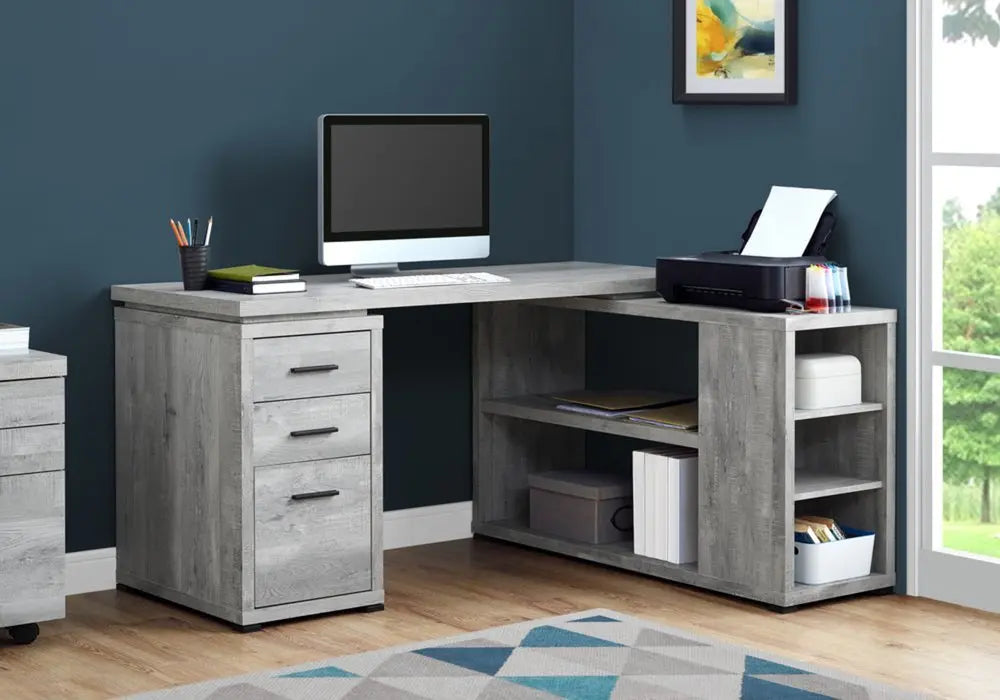 47" Gray L Shape Computer Desk With Three Drawers - NOBLE HOME INTERIORS