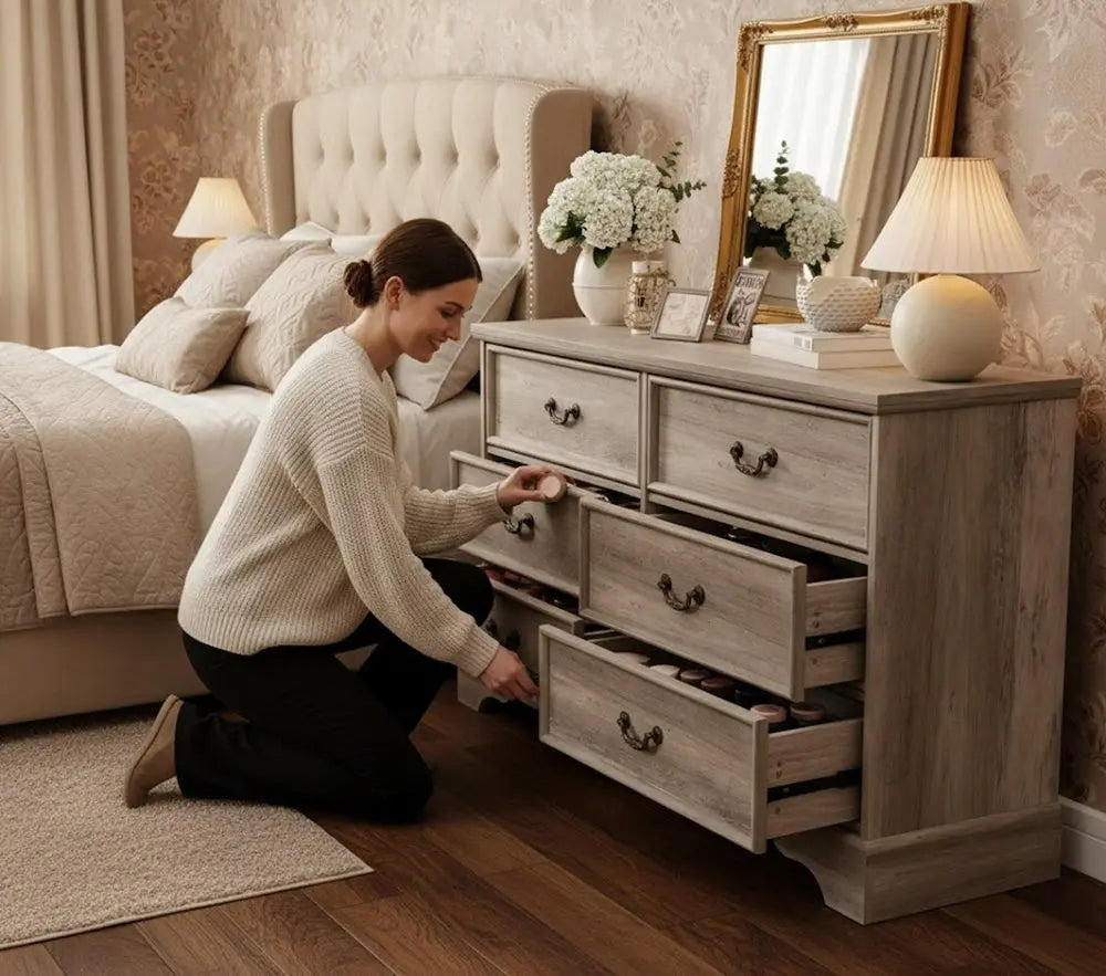 47" Light Gray Solid Wood Console Accent Cabinet With Six Drawers - NOVA HOME FURNITURE