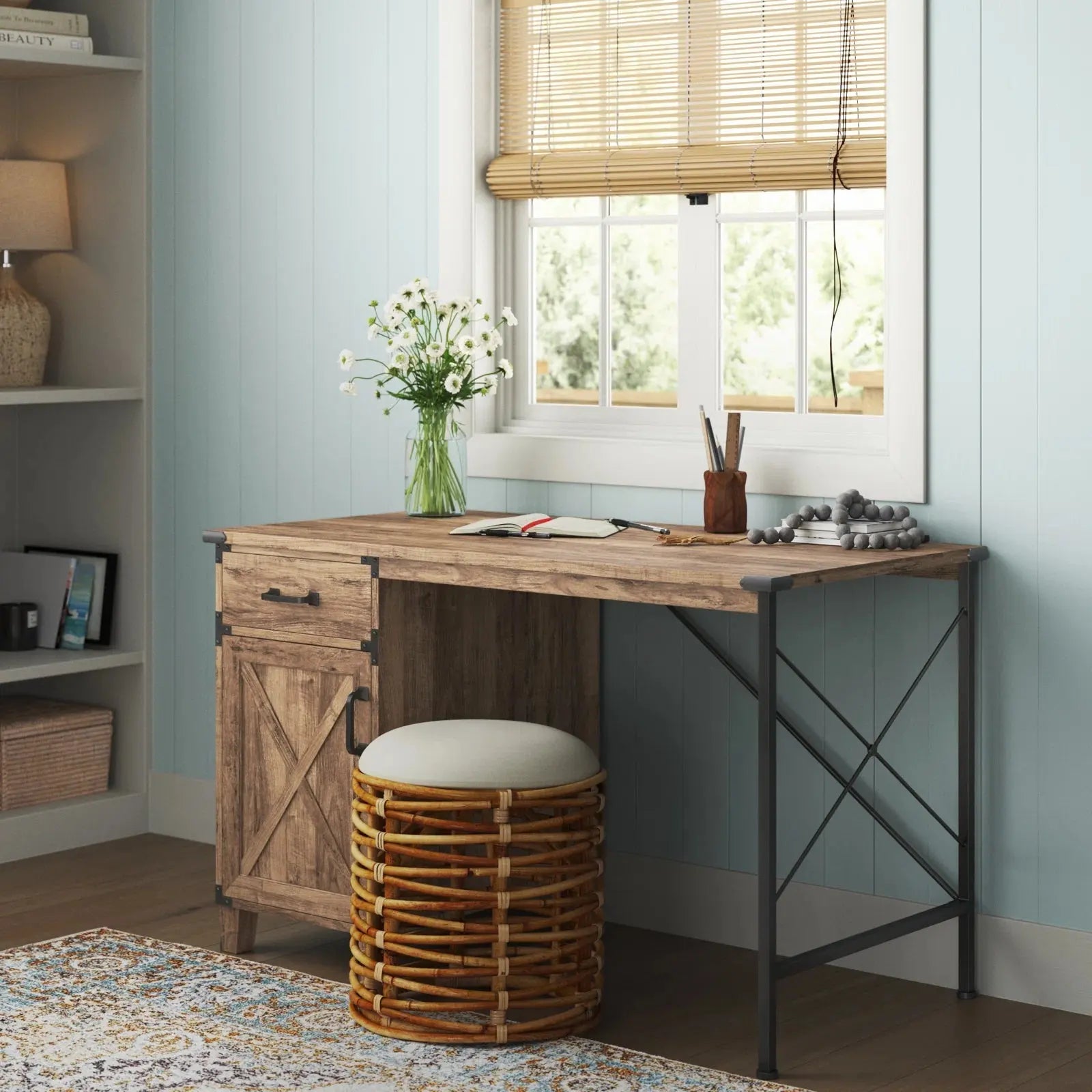 47" Oak Wood Wall Mounted Trestle Writing Desk - NOBLE HOME INTERIORS