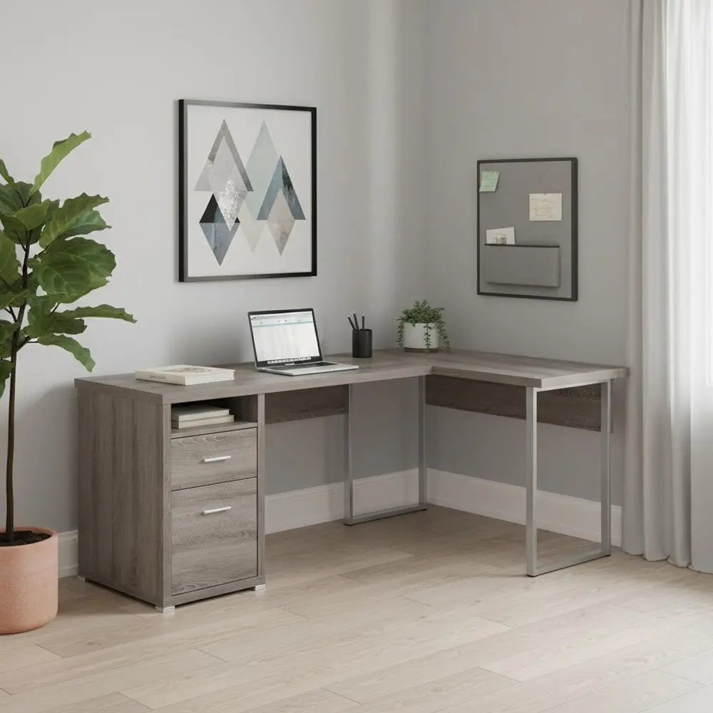 47" Taupe and Silver L Shape Computer Desk With Two Drawers - NOBLE HOME INTERIORS