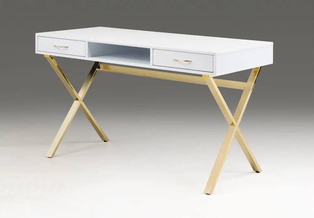 47" White and Gold Wood and Metal Computer Desk With Two Drawers - NOBLE HOME INTERIORS