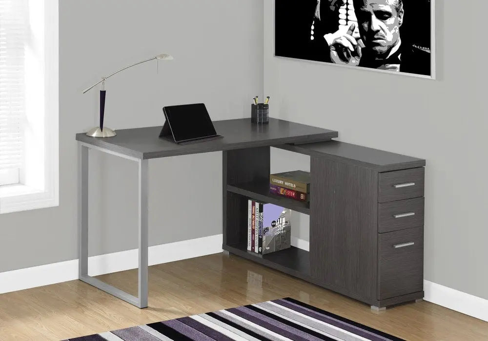 47" White and Silver L Shape Computer Desk With Three Drawers - NOBLE HOME INTERIORS