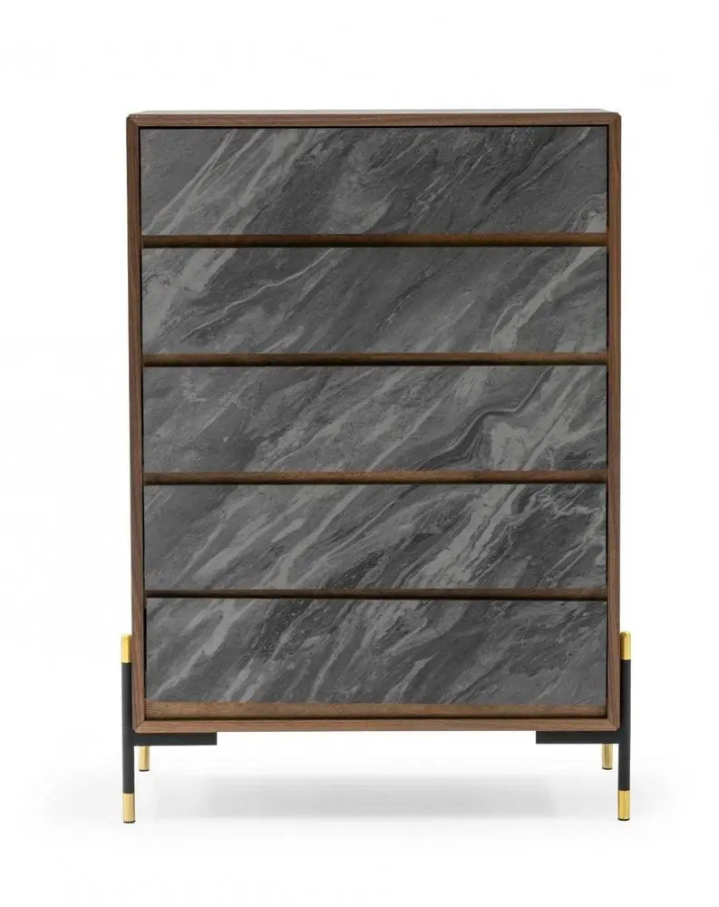 30" Walnut And Grey Manufactured Wood Five Drawer Chest HomeRoots