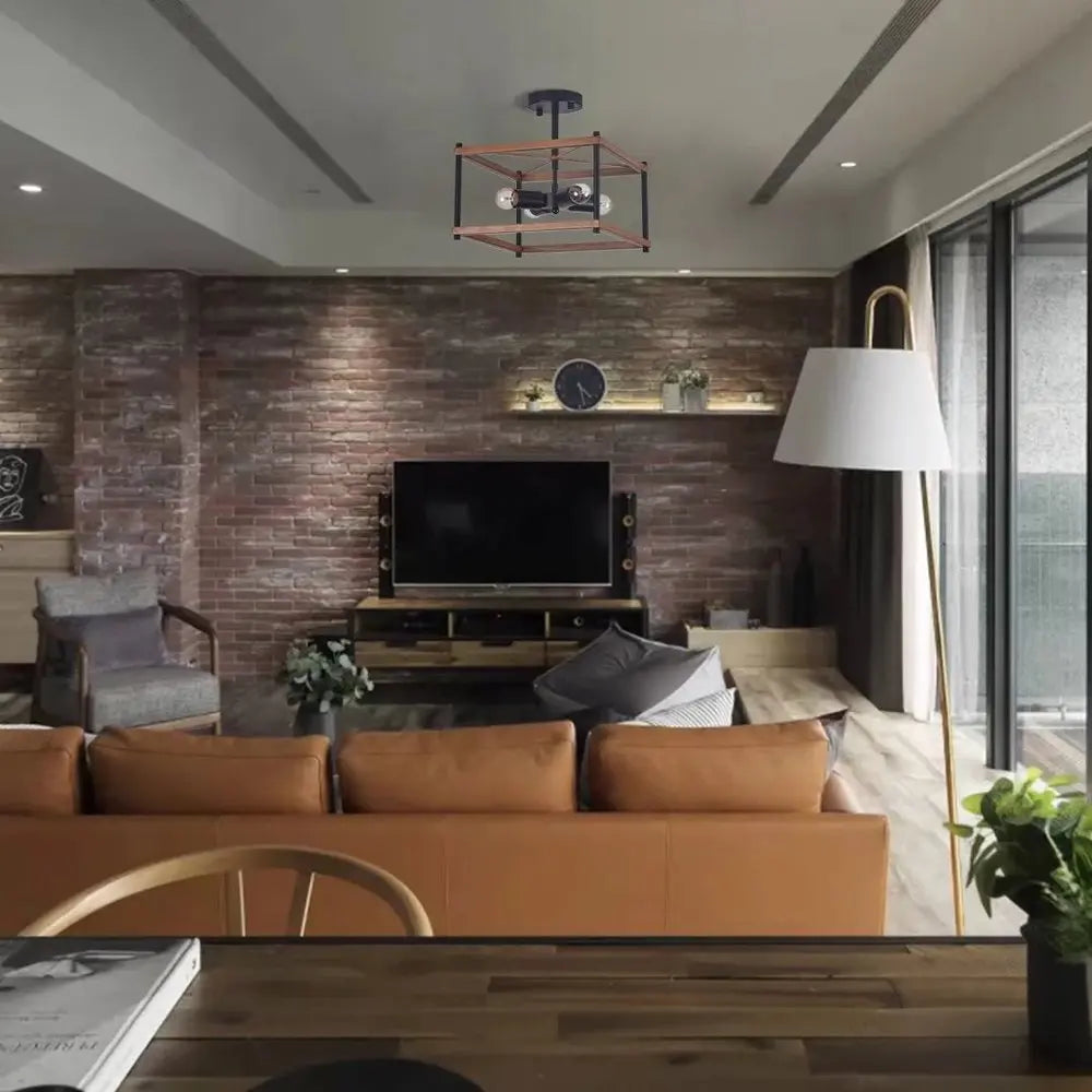 Industrial Wood Square Four Light Ceiling Fixture HomeRoots