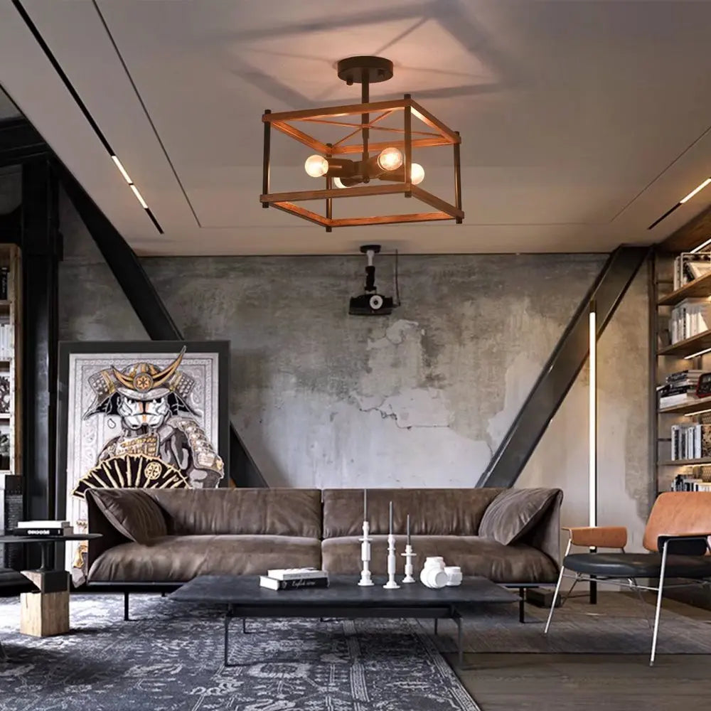 Industrial Wood Square Four Light Ceiling Fixture HomeRoots