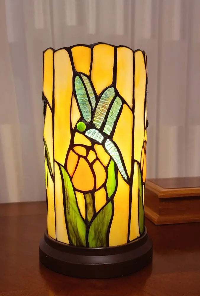 11" Beige and Green Dragonfly Stained Glass Accent Lamp HomeRoots