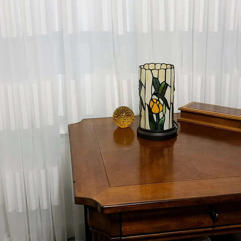 11" Beige and Green Dragonfly Stained Glass Accent Lamp HomeRoots