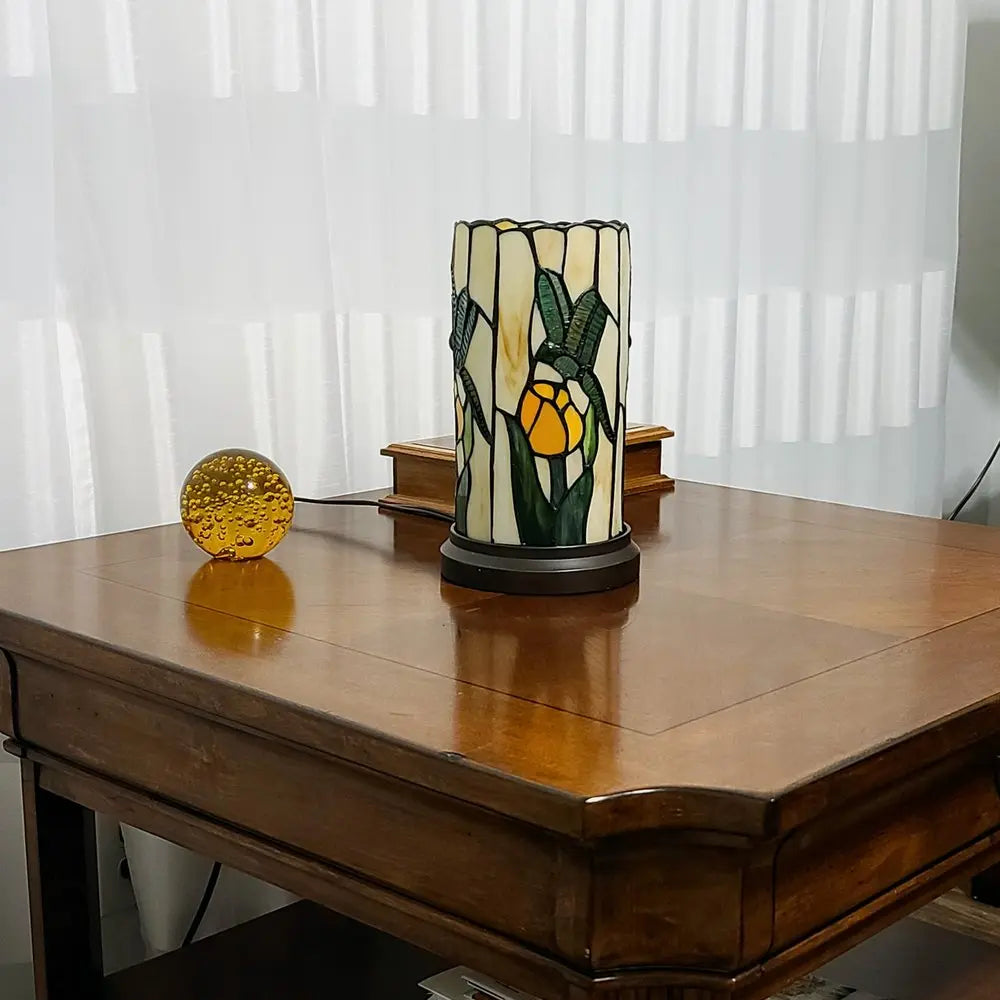 11" Beige and Green Dragonfly Stained Glass Accent Lamp HomeRoots