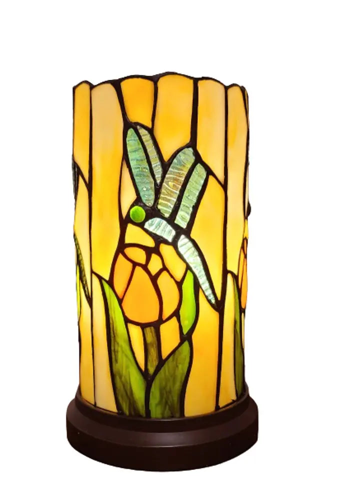 11" Beige and Green Dragonfly Stained Glass Accent Lamp HomeRoots