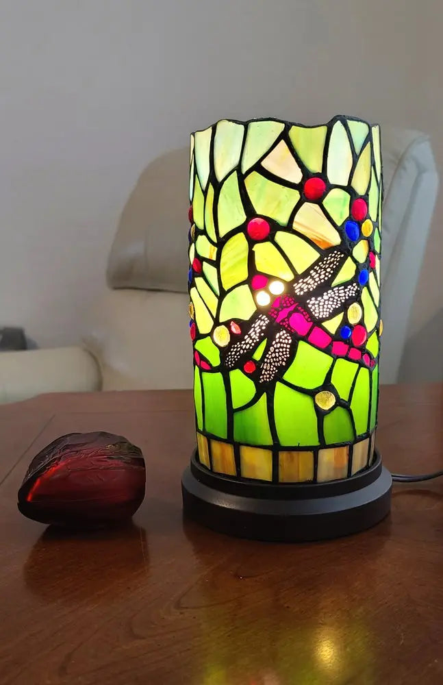 11" Green and Pink Dragonfly Stained Glass Accent Lamp HomeRoots