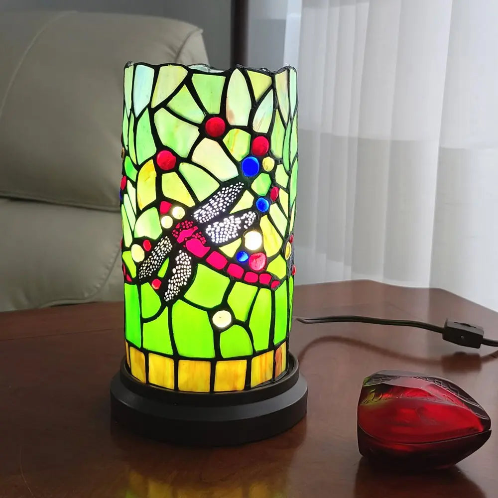 11" Green and Pink Dragonfly Stained Glass Accent Lamp HomeRoots