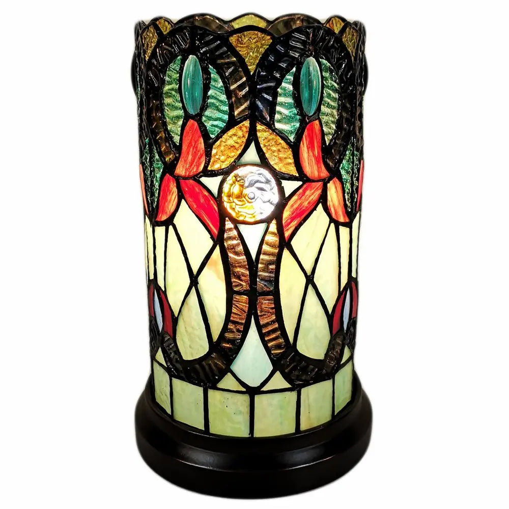 11" Beige and Orange Mosaic Tile Stained Glass Accent Lamp HomeRoots